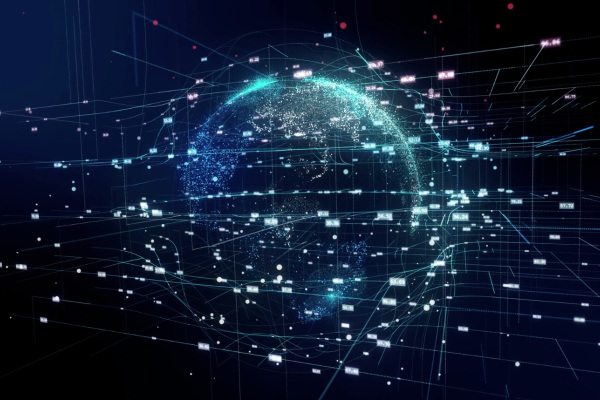 Globo digital con nodos y datos interconectados representando la conectividad y las redes globales seguras.