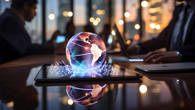 Globo digital conectado sobre tablet en reunión empresarial, ilustrando ciberseguridad, ciberresiliencia y el papel de SAIWALL SD-WAN en la red.