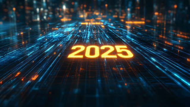 2025 resaltado sobre fondo digital futurista, simbolizando las tendencias clave en conectividad empresarial para 2025.