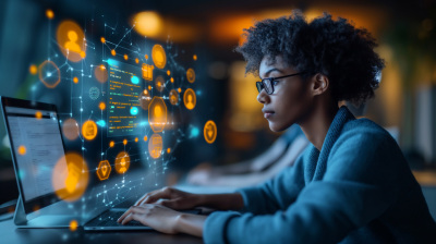 Profesional gestionando red en portátil con panel digital, ilustrando SD-WAN de última generación integrada con seguridad SASE.