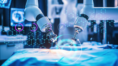 Brazos robóticos operando paciente mediante cirugía remota apoyada en conectividad SD-WAN.